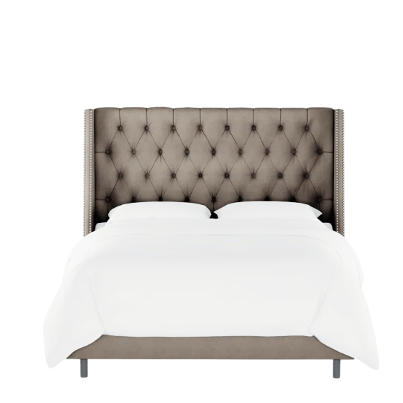 Chic Upholstered Wingback King Size Bed with Button Tufting and Nailhead Trim