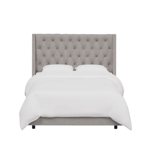 Chic Upholstered Wingback King Size Bed with Button Tufting and Nailhead Trim