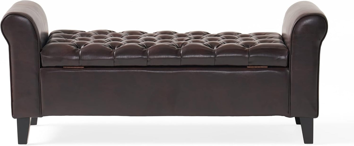 Stylish brown storage ottoman with button-tufted diamond stitch, rolled arms, and spacious interior for pillows and blankets. Crafted from durable PU leather and birch wood, perfect for seating and storage in modern living spaces.