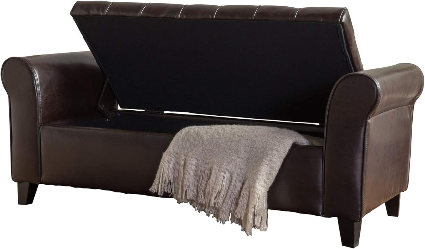 Stylish brown storage ottoman with button-tufted diamond stitch, rolled arms, and spacious interior for pillows and blankets. Crafted from durable PU leather and birch wood, perfect for seating and storage in modern living spaces.