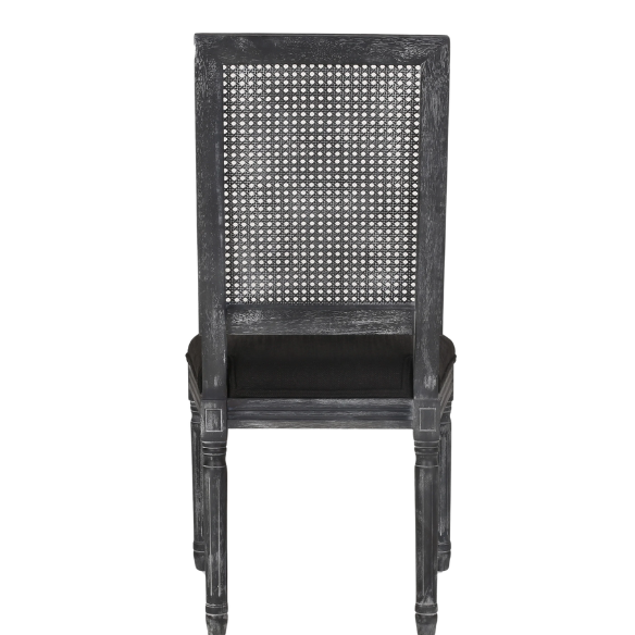 French Country Wood and Cane Upholstered Dining Chairs – Weathered Rubberwood Frame with Fluted Legs & Rectangular Cane Backrest
