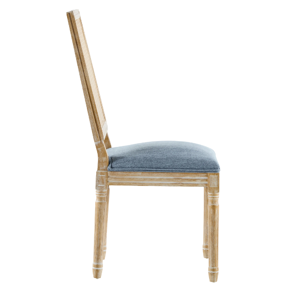 French Country Wood and Cane Upholstered Dining Chairs – Weathered Rubberwood Frame with Fluted Legs & Rectangular Cane Backrest