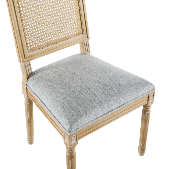 French Country Wood and Cane Upholstered Dining Chairs – Weathered Rubberwood Frame with Fluted Legs & Rectangular Cane Backrest