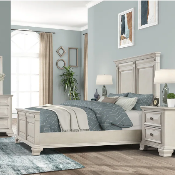 Distressed Parchment Wood Queen Bedroom Set – Elegant Silver Accents, Fluted Pilasters, and Beveled Drawer Fronts for Timeless Charm