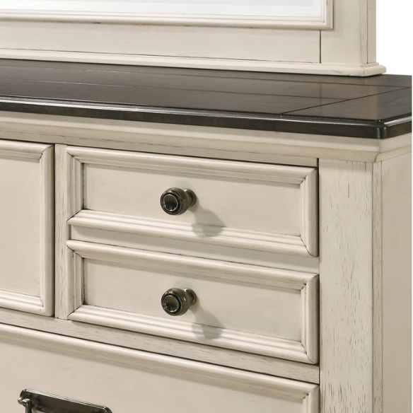 Elegant Cream & Brown 6-Piece Queen Panel Bedroom Set – Solid Wood Bed, Dresser, Mirror, 2 Nightstands, and Chest with Ample Storage