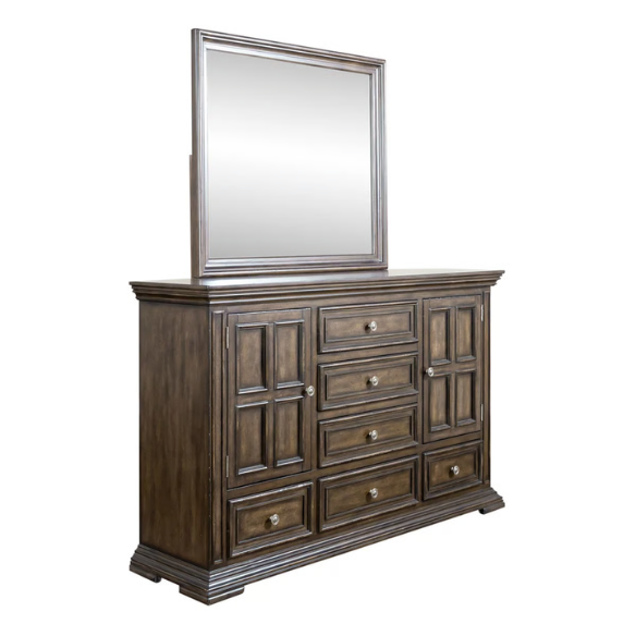 4-Piece Panel Bed, Dresser, Mirror & Nightstand Set with Antique Pewter Accents and Charging Station – Distressed Whitestone Finish, Rubberwood Solids, and Architectural Det