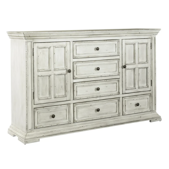 4-Piece Panel Bed, Dresser, Mirror & Nightstand Set with Antique Pewter Accents and Charging Station – Distressed Whitestone Finish, Rubberwood Solids, and Architectural Det