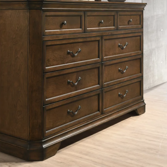 Traditional Wood Panel Bedroom Set with Dresser, Mirror, Nightstand, and Chest in Antique Walnut Finish