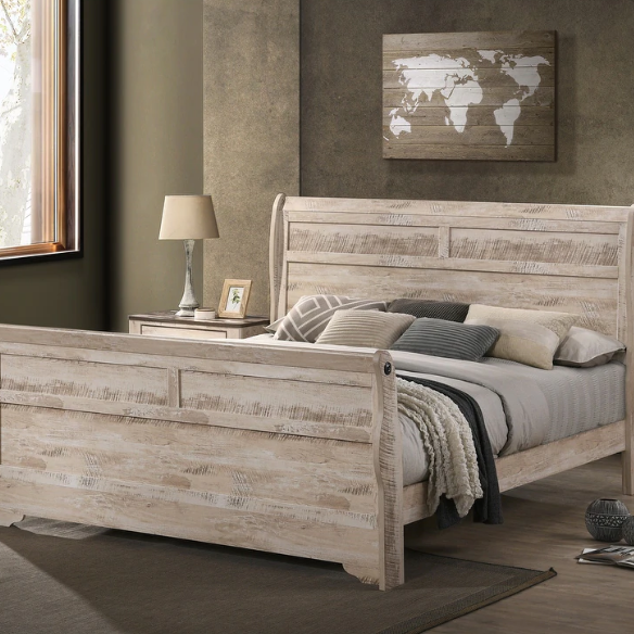 Charming 6-Piece White Wash Finish Bedroom Set with Sleigh Bed, Dresser, Mirror, Nightstands, and Chest – Antique Bronze Accents and Rustic Elegance