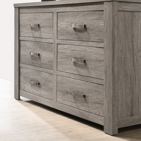 Contemporary Style Weathered Gray Wood 4-Piece Bedroom Set with Panel Bed, Dresser, Mirror, and Nightstand