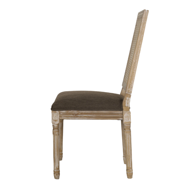 French Country Wood and Cane Upholstered Dining Chairs – Weathered Rubberwood Frame with Fluted Legs & Rectangular Cane Backrest