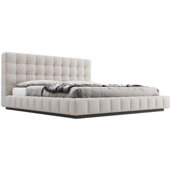 Upholstered Platform Bed with Square-Tufted Headboard, Basketweave Design, and Solid Eucalyptus Wood Frame – No Box Spring Needed