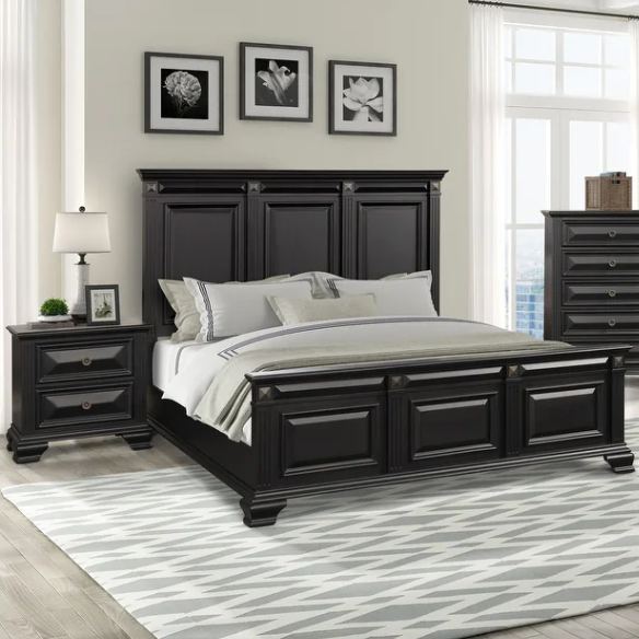 Timeless Vintage Black Wood 6-Piece Traditional Bedroom Set with Double-Panel Bed, Silvertone Accents, and Fluted Pilasters