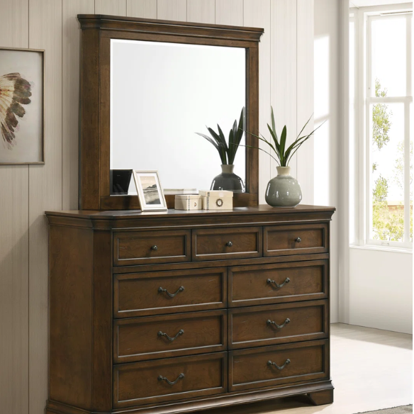 Classic Traditional Wood Queen Panel Bed with Dresser, Mirror, and Two Nightstands in Antique Walnut Finish