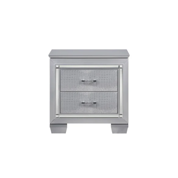 3-Piece Silver Modern LED Panel Bedroom Set with Faux Leather Upholstered Tufted Headboard, Alligator Embossing, and Crystal-Enhanced Accents