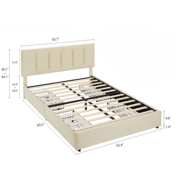 Velvet Upholstered Queen Size Platform Bed with Adjustable Headboard and 4 Storage Drawers