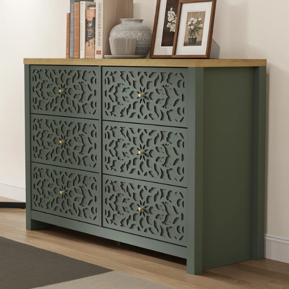 Boho-Inspired 45.4" 6-Drawer Dresser with Distressed Finish and Openwork Floral Details