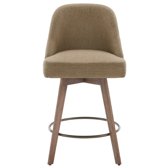 Modern Counter Height Swivel Bar Stool – Upholstered Faux Leather/Polyester Blend Seat, Solid Beech Wood Frame, Ergonomic High Back, Bronze Metal Footrest, 300lb Capacity for Kitchen, Bar, or Pub