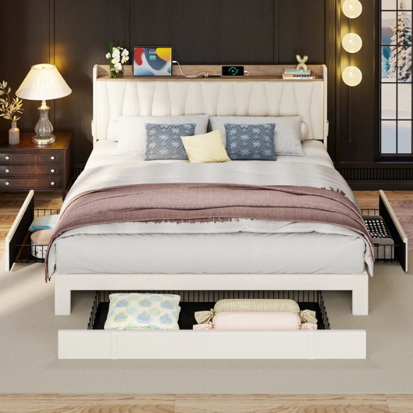 Modern Upholstered King Size Bed Frame with 3 Storage Drawers, Soft Foam Headboard, and Built-in Charging Station