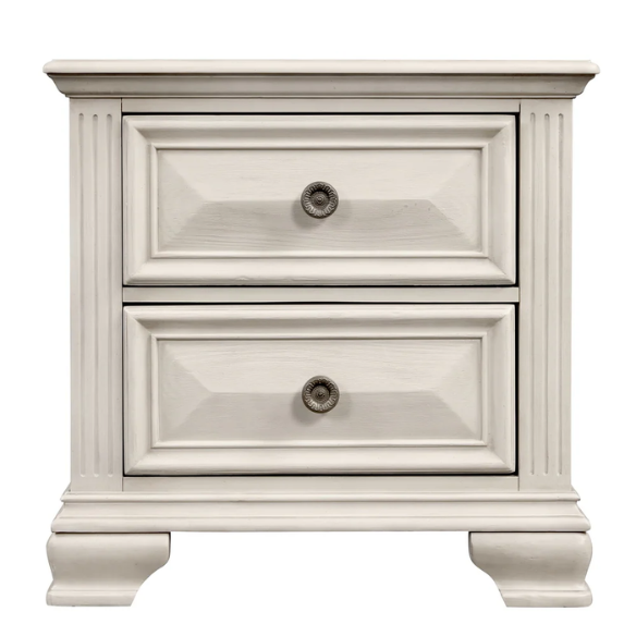 Distressed Parchment Wood Bedroom Set with Panel Bed, Dresser, Mirror, and Nightstand, Featuring Silver Accents and Fluted Pilasters