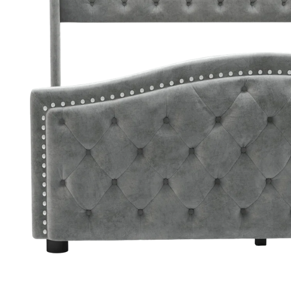 Luxurious King Size Velvet Upholstered Platform Bed with Tufted Camelback Headboard, Nailhead Trim, and 4 Built-In Storage Drawers – Stylish and Functional Bedroom Upgrade