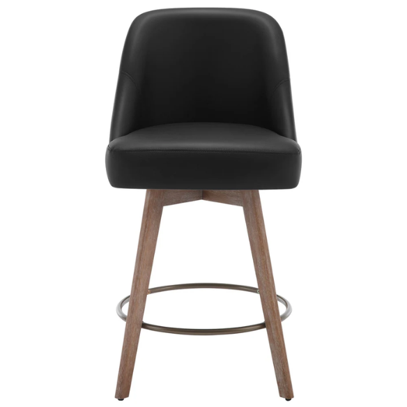 Modern Counter Height Swivel Bar Stool – Upholstered Faux Leather/Polyester Blend Seat, Solid Beech Wood Frame, Ergonomic High Back, Bronze Metal Footrest, 300lb Capacity for Kitchen, Bar, or Pub