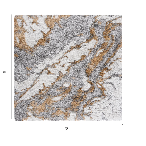 Plush Abstract Gold & Grey Pattern Shag Rug