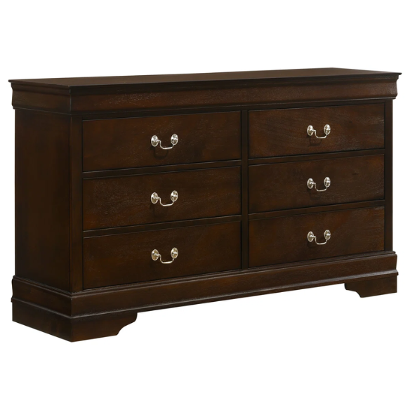 5-Piece Bedroom Set – Traditional Style with Flared Headboard, Dovetail Construction, Silver Bail Handles, and Spacious Storage – Crafted from Select Hardwoods and Veneers in a Warm Cappuccino Finish – Includes Bed, Nightstand, Dresser, Chest, and Mirror