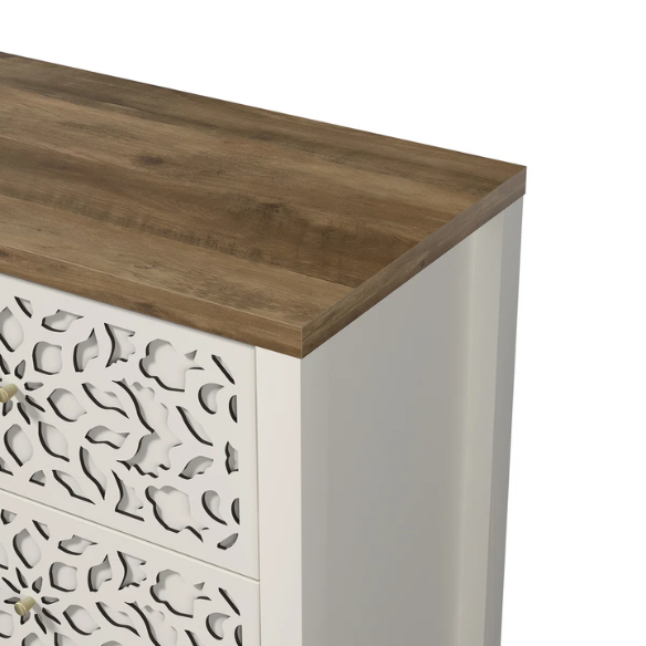 Boho-Inspired 45.4" 6-Drawer Dresser with Distressed Finish and Openwork Floral Details
