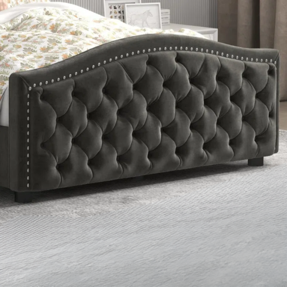 Luxurious King Size Velvet Upholstered Platform Bed with Tufted Camelback Headboard, Nailhead Trim, and 4 Built-In Storage Drawers – Stylish and Functional Bedroom Upgrade