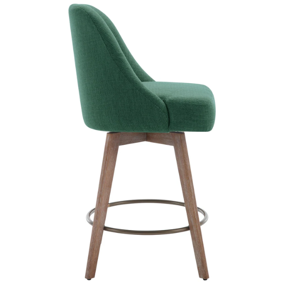 Modern Counter Height Swivel Bar Stool – Upholstered Faux Leather/Polyester Blend Seat, Solid Beech Wood Frame, Ergonomic High Back, Bronze Metal Footrest, 300lb Capacity for Kitchen, Bar, or Pub