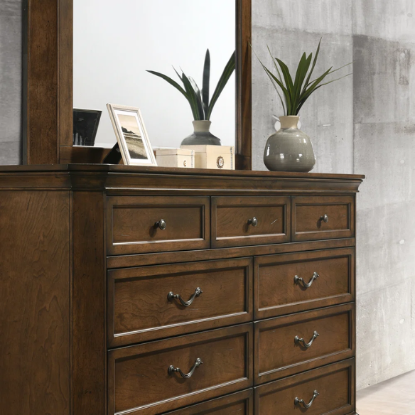 Transitional 6-Piece Bedroom Set with Panel Bed, Dresser, Mirror, Chest, and Nightstands – Featuring Trio Panel Headboard and Footboard, Dust-Proof Drawers, Dual-Tone Finish, and Dark Nickel Hardware for a Stylish and Functional Bedroom