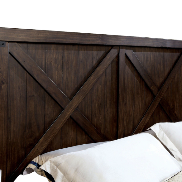 Rustic Dark Walnut 2-Piece King Size Panel Bed and Nightstand Set with X-Shape Accents and Metal Corners