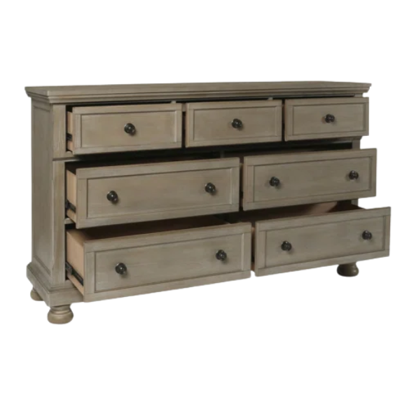 Stylish King Platform Solid Wood Configurable Bedroom Set – Featuring Curved Paneled Headboard, Footboard Storage Drawers, Seven-Drawer Dresser, and Two-Drawer Nightstand for a Functional and Clutter-Free Teen Retreat