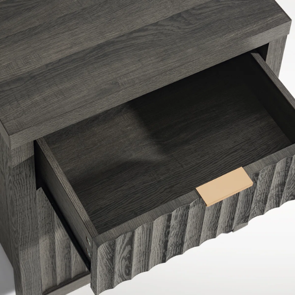 2-Drawer Nightstand with Built-In Outlets – Fluted Panels, Wood Grain Finish, Modern Design, Charging Station with 2 AC Outlets, USB & USB-C Ports, 4.9-Foot Power Cord, Set of 2