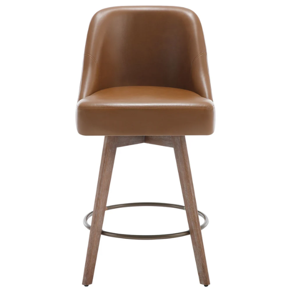 Modern Counter Height Swivel Bar Stool – Upholstered Faux Leather/Polyester Blend Seat, Solid Beech Wood Frame, Ergonomic High Back, Bronze Metal Footrest, 300lb Capacity for Kitchen, Bar, or Pub