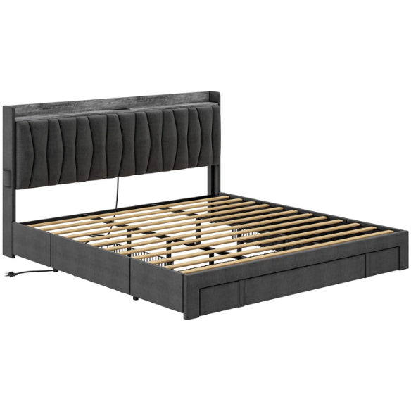 Modern Upholstered King Size Bed Frame with 3 Storage Drawers, Soft Foam Headboard, and Built-in Charging Station