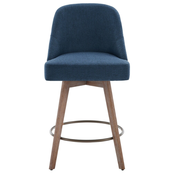 Modern Counter Height Swivel Bar Stool – Upholstered Faux Leather/Polyester Blend Seat, Solid Beech Wood Frame, Ergonomic High Back, Bronze Metal Footrest, 300lb Capacity for Kitchen, Bar, or Pub