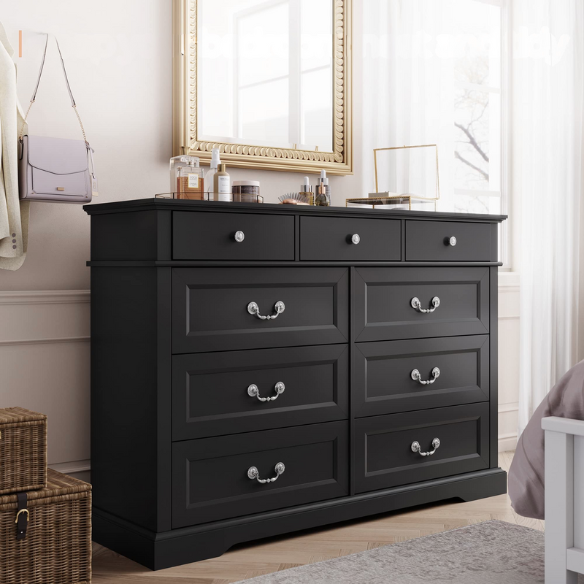 Rustic Modern 9-Drawer 53.5'' Double Dresser with Inset Paneling, Crown Molding, and Customizable Metal Handles