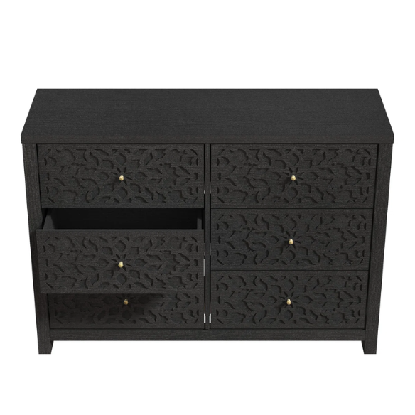 Boho-Inspired 45.4" 6-Drawer Dresser with Distressed Finish and Openwork Floral Details