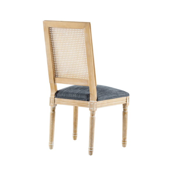 French Country Wood and Cane Upholstered Dining Chairs – Weathered Rubberwood Frame with Fluted Legs & Rectangular Cane Backrest