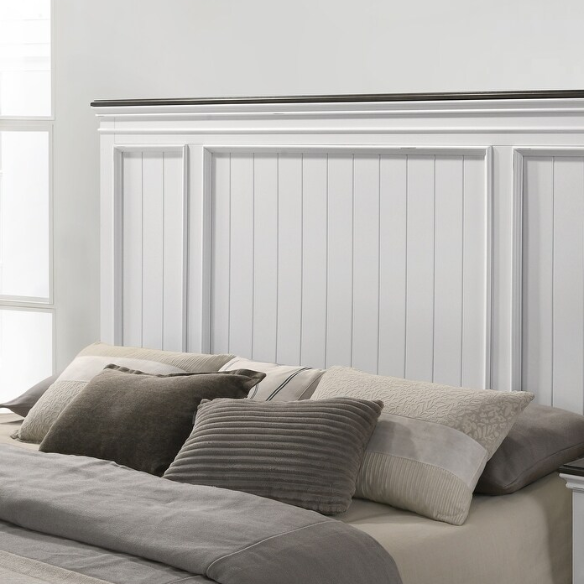Modern Farmhouse 5-Piece Wood Bedroom Set with Shiplap Detailing, Weathered White Finish, and Black Finished Hardware