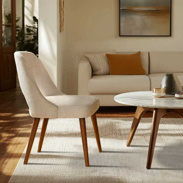 Textured Fabric Dining Side Chairs (Set of 2) – Solid Wood Frame with Mediterranean or Pecan Finish, High-Density Foam Fill & Rounded Back Design