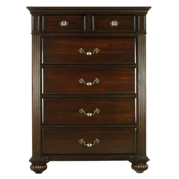 Elegant Traditional 4-Piece Walnut Wood Poster Bedroom Set with Floral Carved Headboard and Fluted Detailing