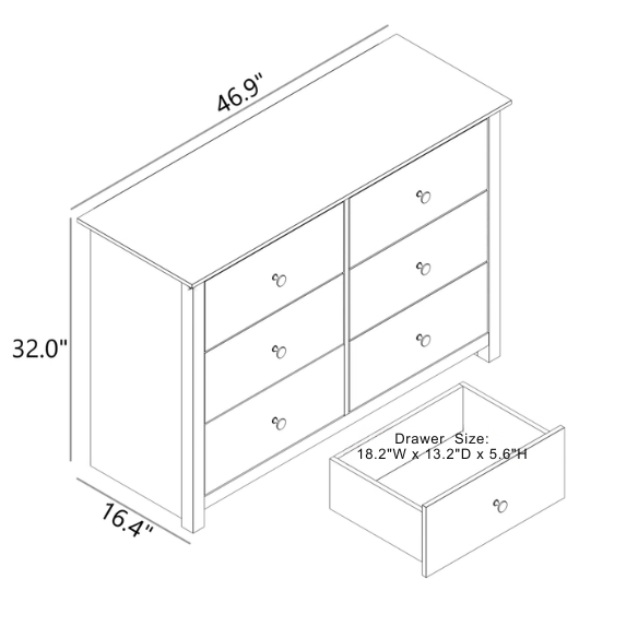 Modern 6-Drawer Double Dresser with Angled Sled Legs and Round Metal Hardware