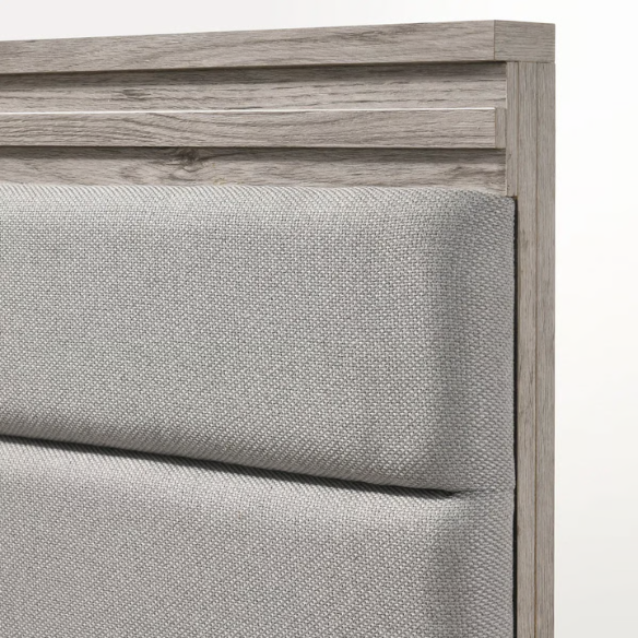 Upholstered 5-Piece Bedroom Set with Weathered Gray Finish, LED Piers, and Functional Storage