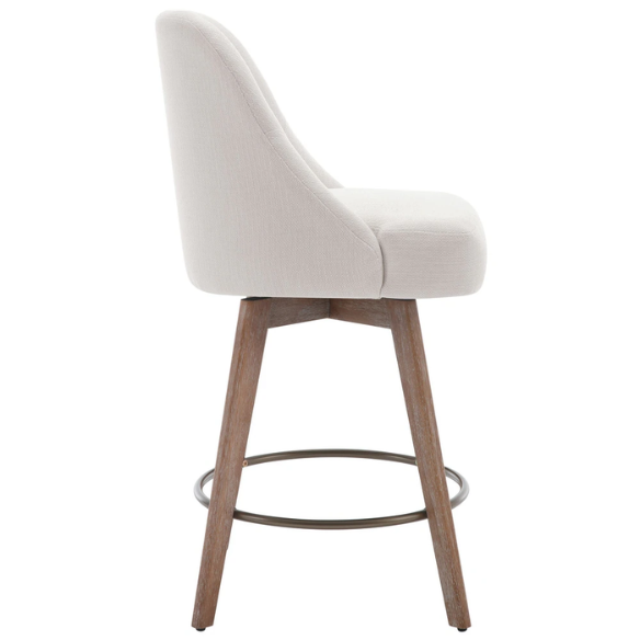 Modern Counter Height Swivel Bar Stool – Upholstered Faux Leather/Polyester Blend Seat, Solid Beech Wood Frame, Ergonomic High Back, Bronze Metal Footrest, 300lb Capacity for Kitchen, Bar, or Pub