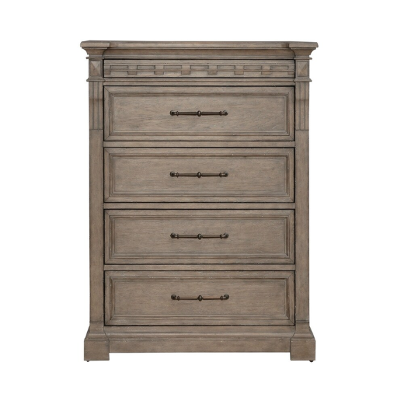 Timeless Elegance Barrigan 6-Piece King Panel Bed, Dresser, Mirror, Chest & Nightstand Set – Dusty Taupe Finish, Burnished Brass Accents, Full Extension Drawers, Cedar & Felt-Lined Drawers, Decorative Fretwork, and Built-in Charging Station