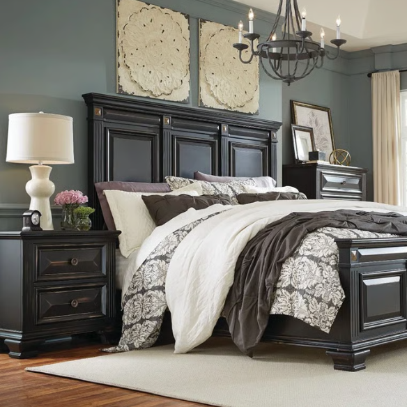 5-Piece King Bedroom Set – Solid Wood Construction with Muted Silver Accents, Fluted Pilasters, French Bracket Foot Bases, and Elegant Dovetail Drawer Detailing for Timeless Sophistication