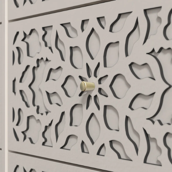 Boho-Inspired 45.4" 6-Drawer Dresser with Distressed Finish and Openwork Floral Details